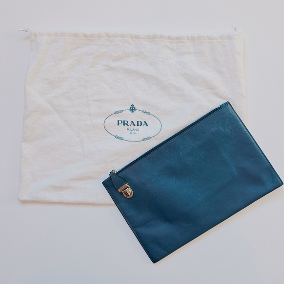 PRADA Saffiano Leather Blue Zip Clutch Pouch Bag Silver Hardware - Picture 1 of 14